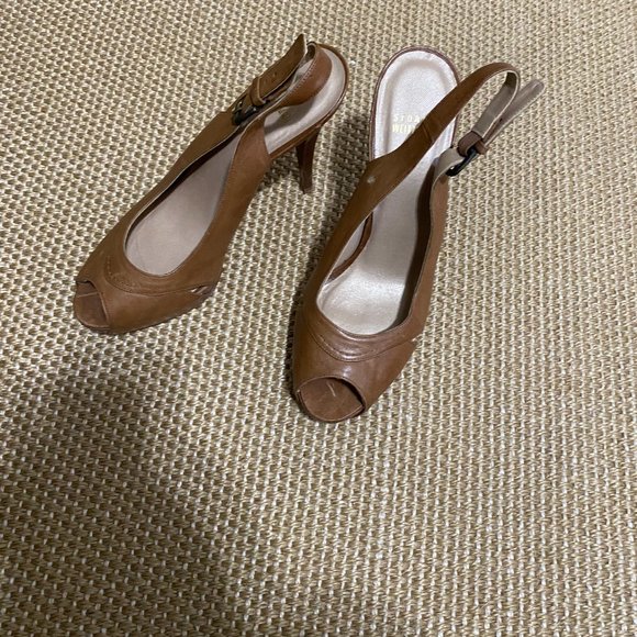 Stuart Weitzman Pumps Heels Size 10 Camel Leather Slingback Peep Toe Platform - Picture 10 of 10